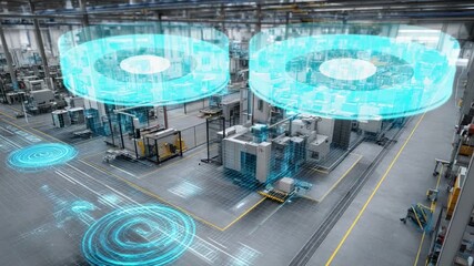 Futuristic Industrial Factory with Advanced Automation and Digital Integration Showcasing Smart Manufacturing Processes and Technological Innovation in a Modern Production Environment