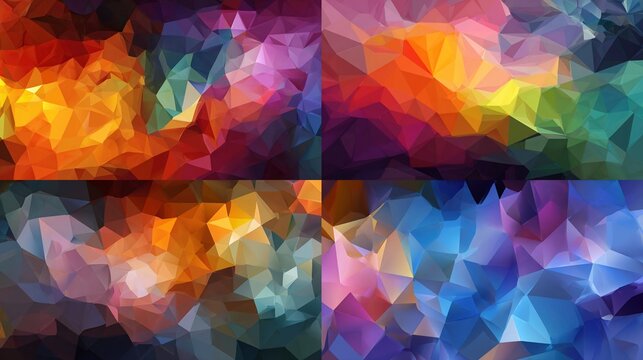 A montage of four abstract backgrounds each composed of vibrant, fractured polygonal shapes