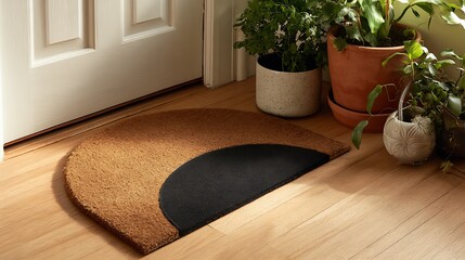 Halfround coir doormat with black accent near a white door and plants