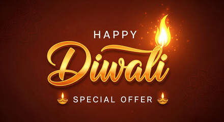 A Happy Diwali Special Offer Advertisement On A Red Background With Golden Cursive Typography And Diyas
