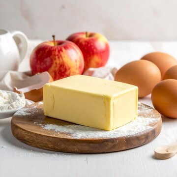 Baking ingredients butter, apples, eggs, and flour