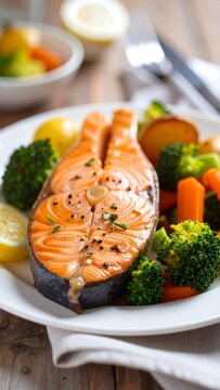 Baked salmon fillet served with roasted vegetables on a white plate