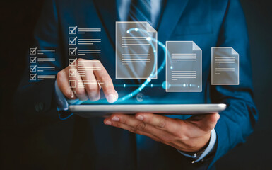 Professional using tablet for digital document management and workflow automation, streamlining tasks with an innovative checklist in a modern business setting