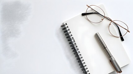 Overhead view of a notebook eyeglasses and pen on a clean white desk surface suggesting work productivity creativity planning study and education concepts.