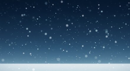 Snowfall scene with falling snowflakes and white horizon against a dark blue sky