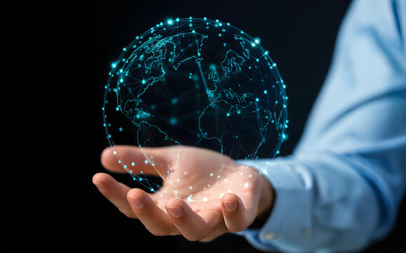 Person holding virtual Earth globe with glowing network connections in hand, representing global business, technology, and future innovation for worldwide impact