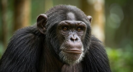 Close-up chimpanzee portrait in forest