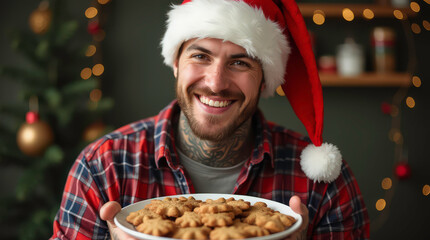 Cheerful man with tattoos wearing Santa hat holding a plate of Christmas cookies