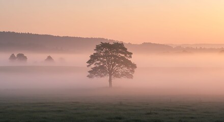 Fototapeta premium Solitary Tree Silhouetted in Misty Sunrise Over Rolling Hills