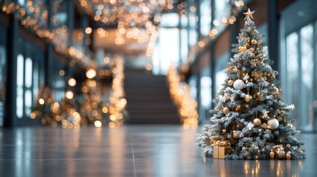 a christmas tree in the entrance of a modern office building