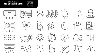 Air conditioning line icon set. Air conditioner, fan, wind, cooling and heating appliance, air cleaner, climate control, blow and more. Outline icon in linear style. Vector collection