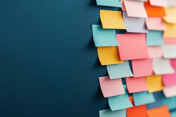 Colorful sticky notes arranged on a blue wall, creating a visual display of ideas, organization, and reminders