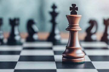 Wooden chess king standing on a chessboard with other blurry pieces in the background, representing strategy, leadership, and competition