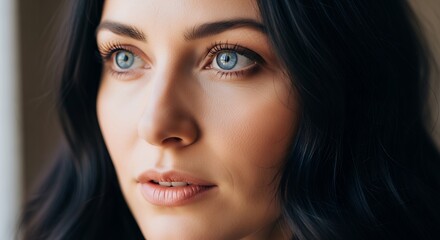Close-up Portrait of a Woman with Dark Hair and Blue Eyes