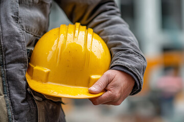 Fototapeta premium A construction worker holds a yellow safety hard hat in their hand with a blurred industrial background
