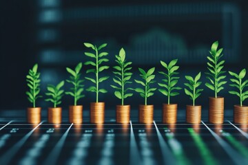Green plants growing on stacks of coins, symbolizing financial growth, business investment, and successful economy development