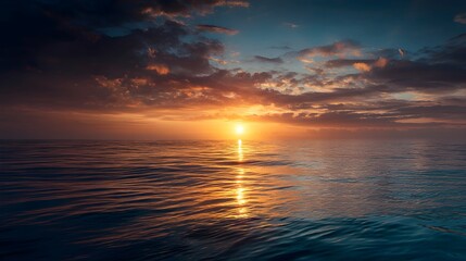 Fototapeta premium Vibrant sunset reflection on calm ocean water with dramatic clouds glowing in the sky serene nature landscape
