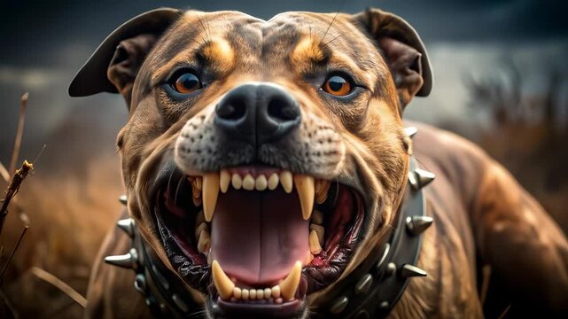Menacing pitbull dog growling aggressively with sharp teeth in the countryside