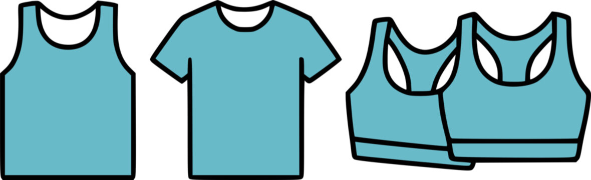 A graphic illustration showing three types of women's tops: a tank top, a t-shirt, and two sports bras.