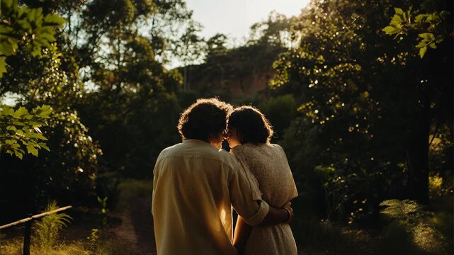 Two lovers share a kiss at sunset, silhouettes cozy against glowing foliage&mdash;timeless romance footage for wedding planners, greeting cards and streaming promos where warmth, loyalty and togetherness te