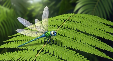 Whimsical dragonfly resting peacefully on a vibrant green fern leaf in a lush garden