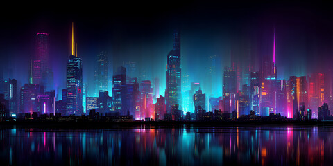 Fototapeta premium futuristic city skyline glowing with neon lights at night