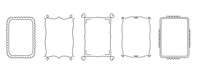 Five hand drawn frames with hearts, curls and decorative border elements