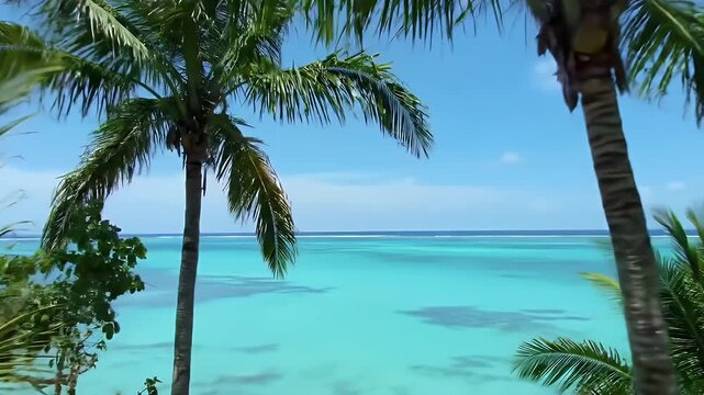 Azure Tropical Ocean View Under a Clear Blue Sky Framed by Green Palm Trees