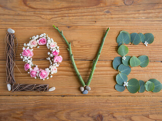 Word LOVE made out of various natural things. Flat lay. Love con