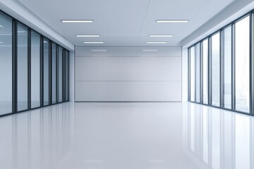 Spacious minimalist office interior featuring large windows viewing city buildings, bright ceiling lights, and glossy floor