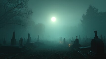 Mysterious eerie Halloween wallpaper with dense fog in forgotten graveyard, crooked tombstones under sickly green moon, ethereal glow and chilling atmosphere