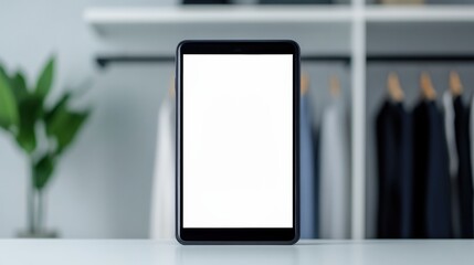 Tablet with blank white screen standing on a desk, showcasing online shopping or fashion app in a minimalist closet background