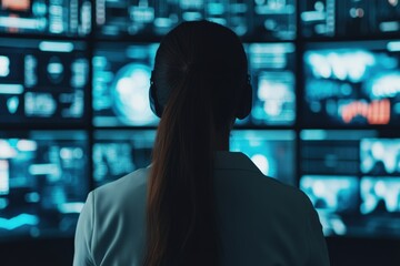 Woman wearing headphones watching and analyzing data on a wall of video monitors in a dark control or security room