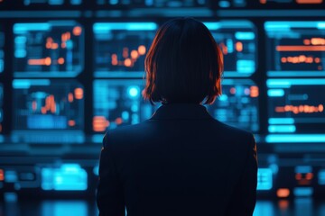 Woman standing with her back to the viewer, observing data and charts on multiple glowing blue and orange screens, representing advanced analytics