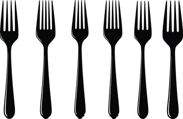 Fork silhouettes, kitchen utensil vector, black cutlery icons, dining tools set, food serving equipment, tableware design elements, cooking accessories