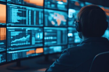 Back view of a person wearing headphones, analyzing fluctuating global financial data on multiple illuminated screens in a dark room