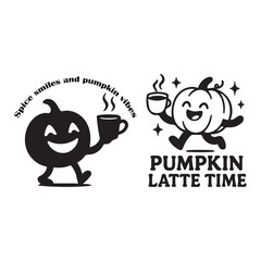 A cheerful pumpkin character happily holding a coffee cup set silhouette vector t-shirt design.