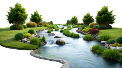 Serene flowing river through a lush green landscaped garden with trees and rocks Cutout PNG isolated on a transparent background
