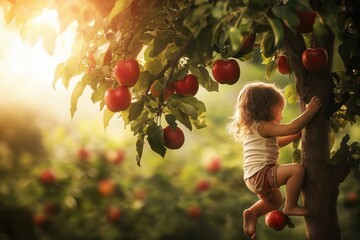 Child climbing an apple tree during golden hour in an orchard