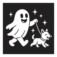 Playful cartoon a happy ghost joyfully walking a cute dog silhouette vector art.