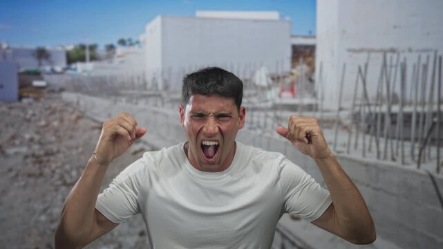 Young hispanic man clenches fists and bares teeth at construction building with exposed rebar and rubble under bright sky; triumph.