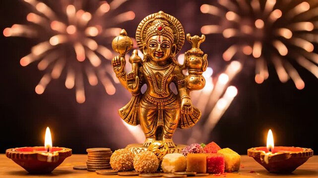 Golden Dhanvantari Idol with Diwali Sweets and Diyas for Dhanteras Festival Celebration, Representing Health, Wealth and Prosperity