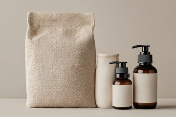 Unlabeled amber dispenser bottles and burlap packaging presenting sustainable, eco friendly beauty products on a minimal background