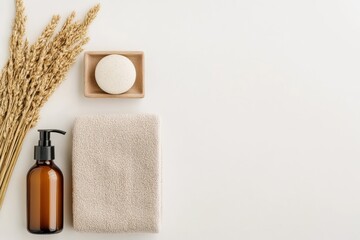 Natural spa cosmetic products and wellness items creating a soothing self care concept, arranged neatly on a clean white surface