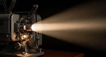 Fototapeta premium Vintage projector casting light beams illuminating darkness evoking cinematic nostalgia