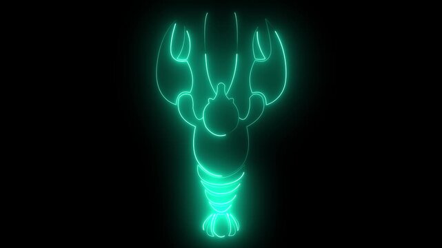 glowing neon Lobster seafood marine animal silhouette icon on black background animation