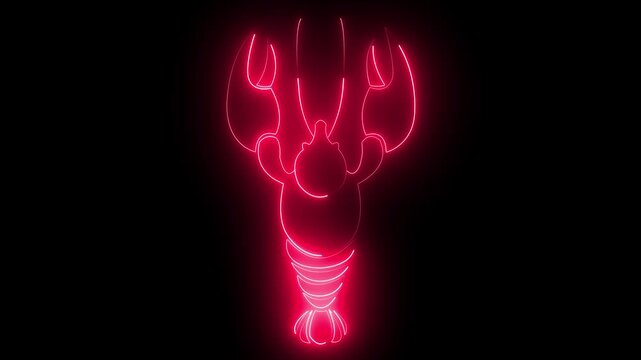 glowing neon Lobster seafood marine animal silhouette icon on black background animation