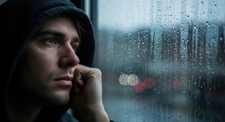 Brooding contemplation portrait of a young man staring through rain-streaked window melancholy