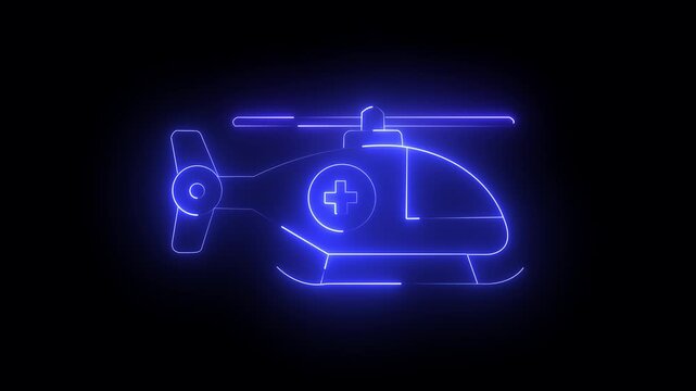 glowing neon Helicopter medical emergency rescue icon on black background animation