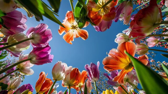 Immersive tunnel of tulips frames the sky, saturated reds and oranges circling the lens—dynamic floral energy ideal for event promos, packaging, and creative brand storytelling that chases optimism an